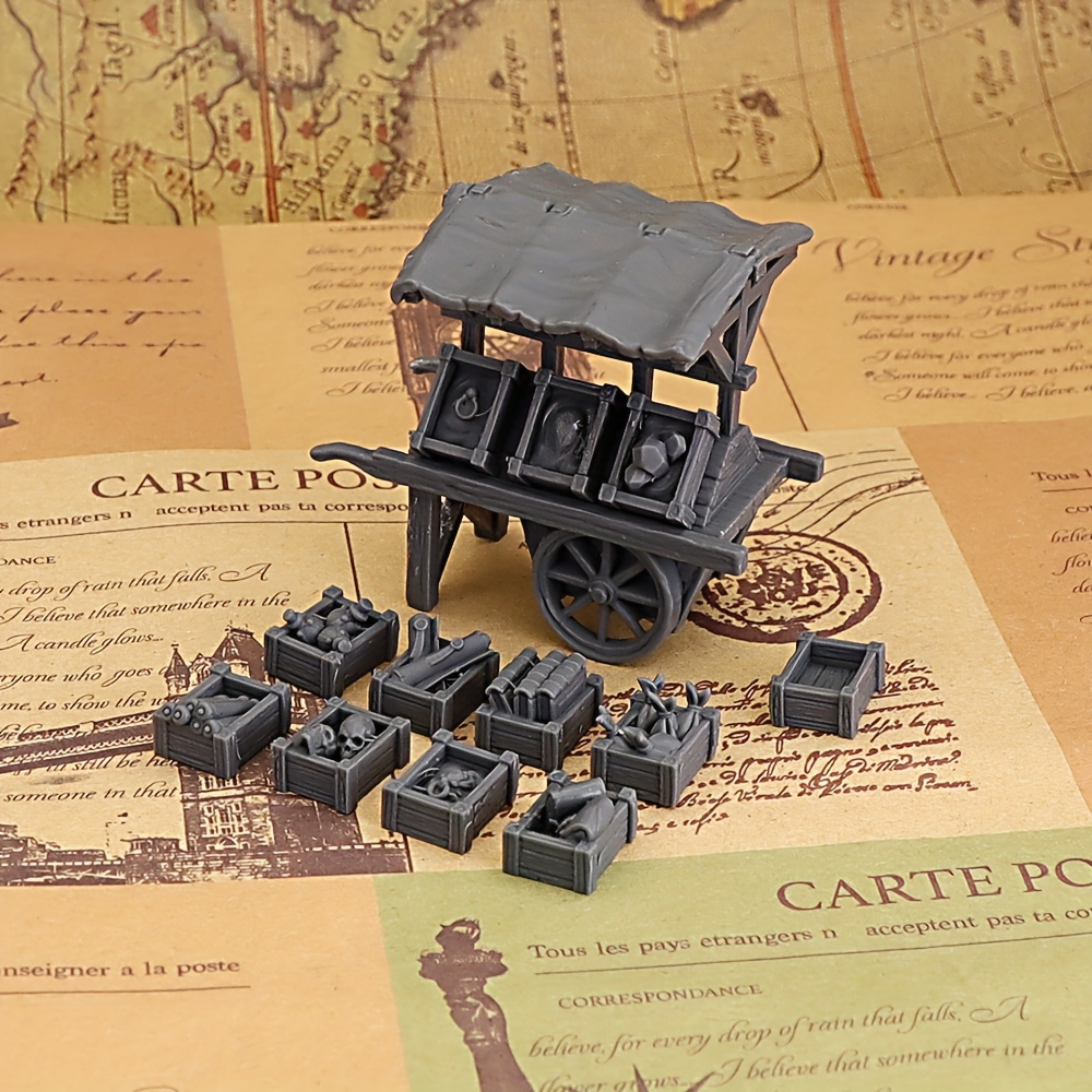 

3d Printed Miniature Seller Cart With Shelves & Accessories - High-quality Plastic Tabletop Game Miniatures For Rpgs, Fantasy, And Historical Reenactments