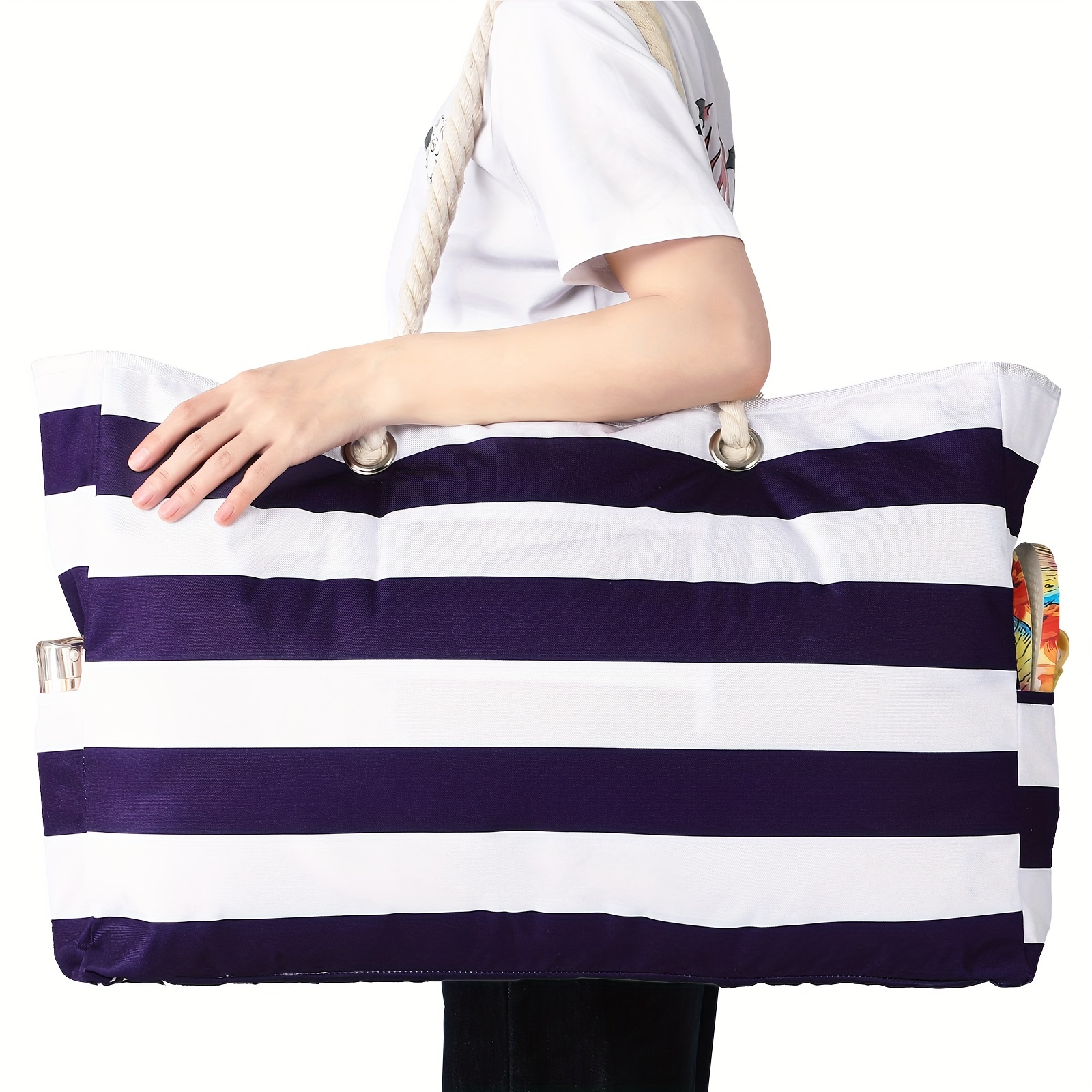 

Large Capacity Striped Pattern Shoulder Beach Bag, Lightweight Versatile Travel Summer Vacation Handbag