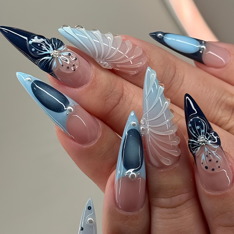 

24-piece 3d Nail Art Set With Pearl And Glitter Accents, Long Stiletto Shape, Ocean-inspired Blue Glitter Finish, Reusable Nail Tips With Adhesive