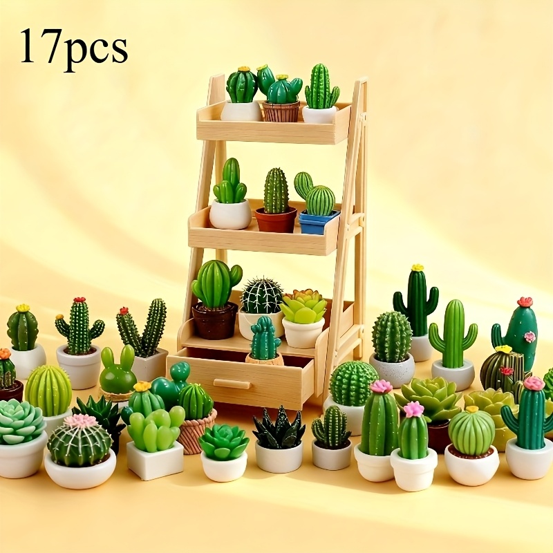 17pcs set dollhouse realistic mini cactus plant stand 16   assorted succulent cactus plants stand   styles of succulent cactus plants this stand is 13 5cm 5 31 inches high dollhouse decoration