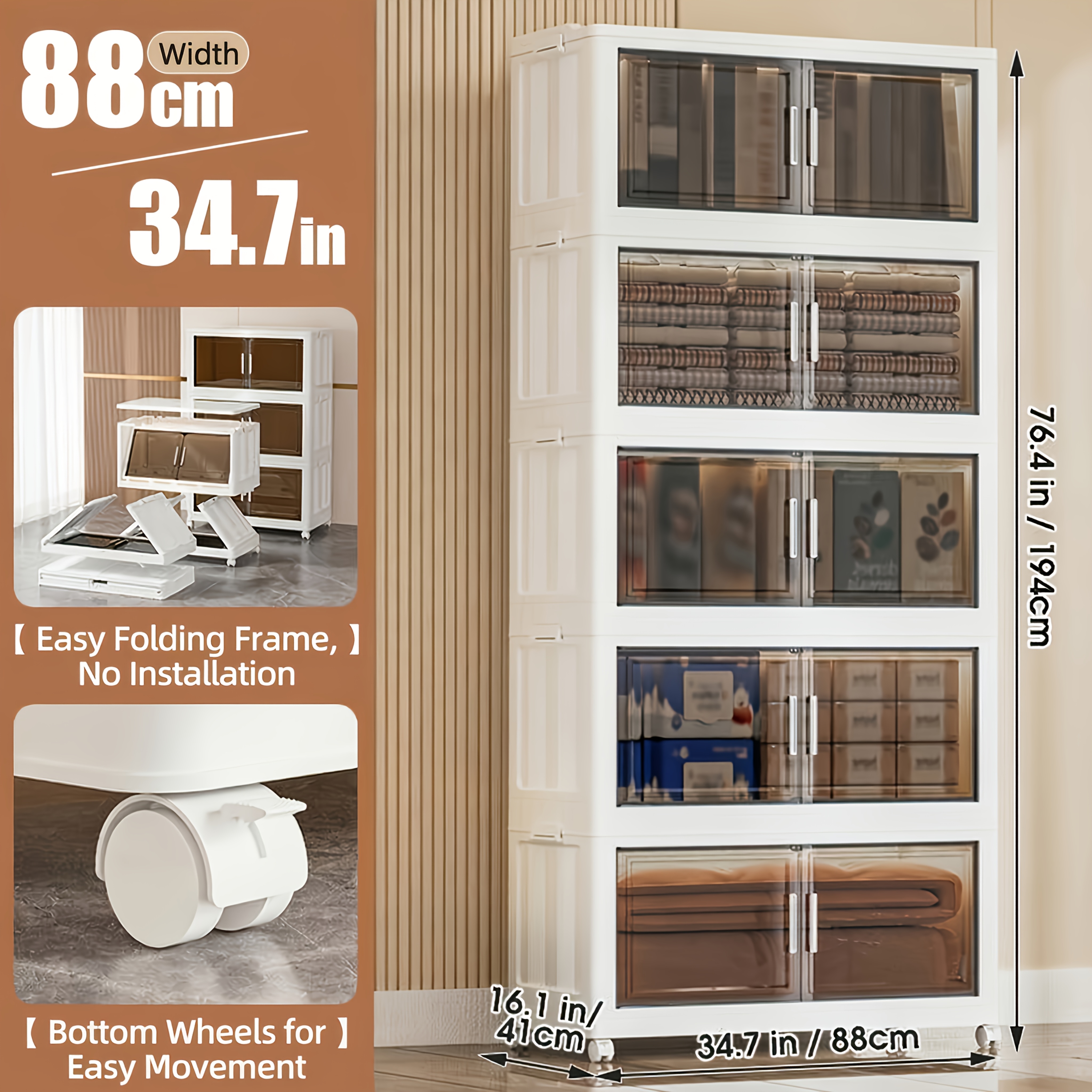 88cm Extra Large Foldable Office Folding Storage Cabinet 3/4/5 Tier Stackable Plastic Organiser With Lids And Wheels In 55cm 65cm And 75cm For Office Room Bedroom