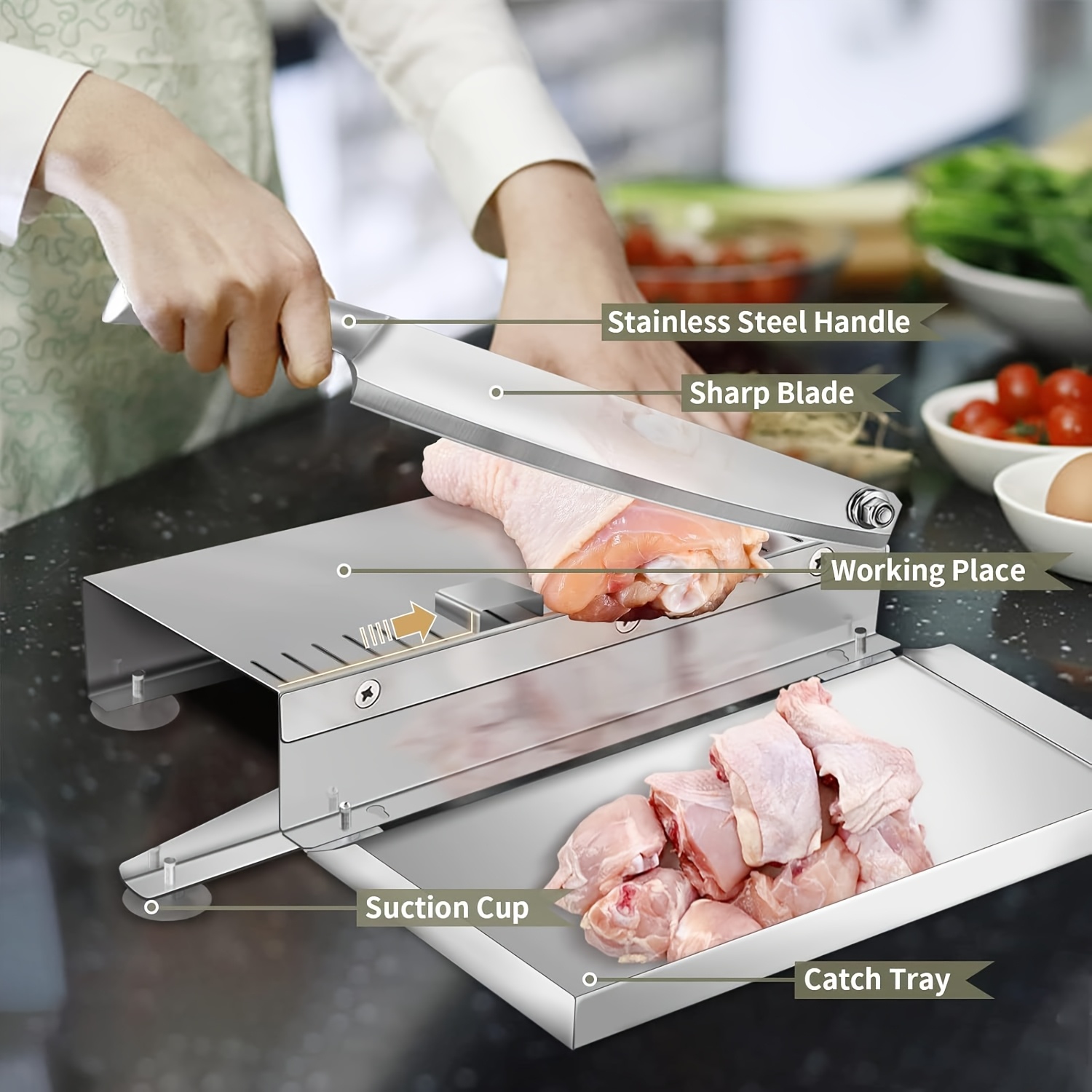 Easy Clean Stainless Steel Manual Meat Slicer and Bone Cutter - Non-Slip Base, Adjustable Blade, Rectangular Blade, Adjustable Thickness, Easily Cut Frozen Beef, Chops, Fruits and Vegetables - for Home Kitchens and Delis, Meat Grinder, Kitchen Gadget