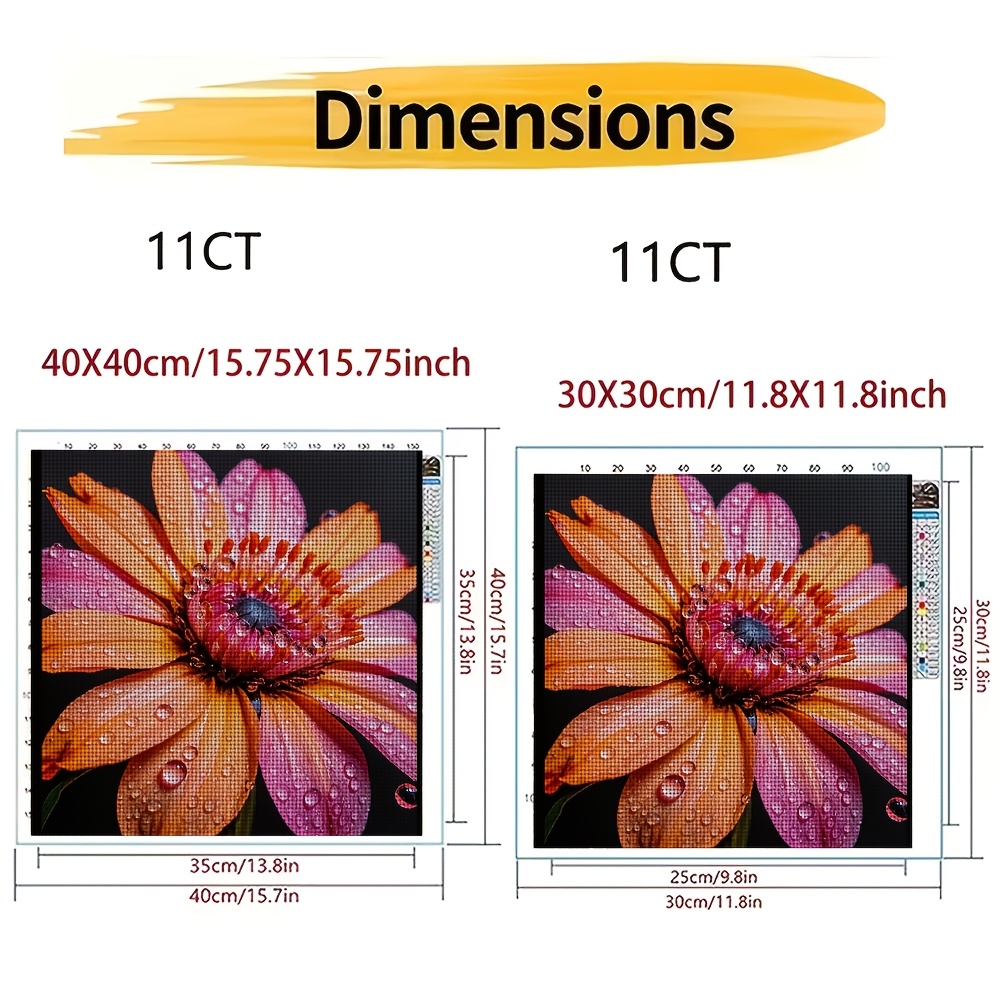 DIY Cross-Stitch Printed Kit "Orange-Pink Flowers with Dewdrops"