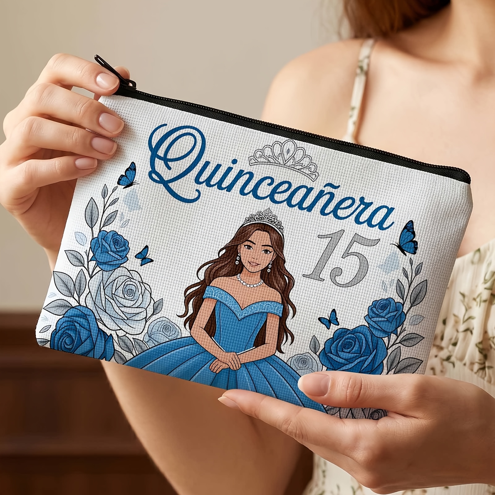 TEMU Neceser de maquillaje con impresión 2D, para almacenamiento de belleza de 15º , de quinceañera, 2D
