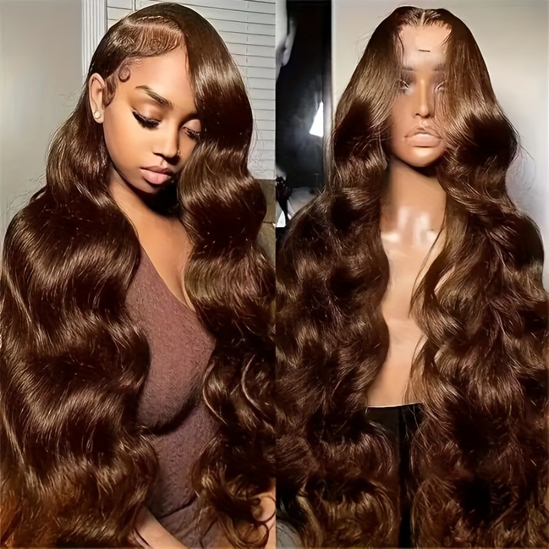 Image of Brown Body Wave Wig With 13x6 Hd Lace Front, Made From Human Hair. Features A Transparent Lace Frontal And Is Colored In Brown #4. This Brazilian Human Hair Wig For Women Has A Density Of 200%