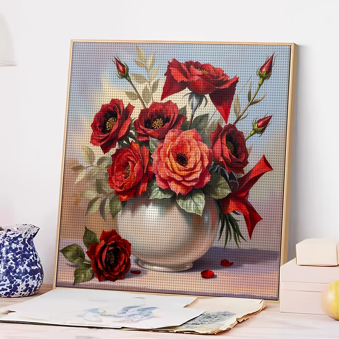 Cross Stitch Printed Kit, White Bottle Red Rose Floral Arrangement