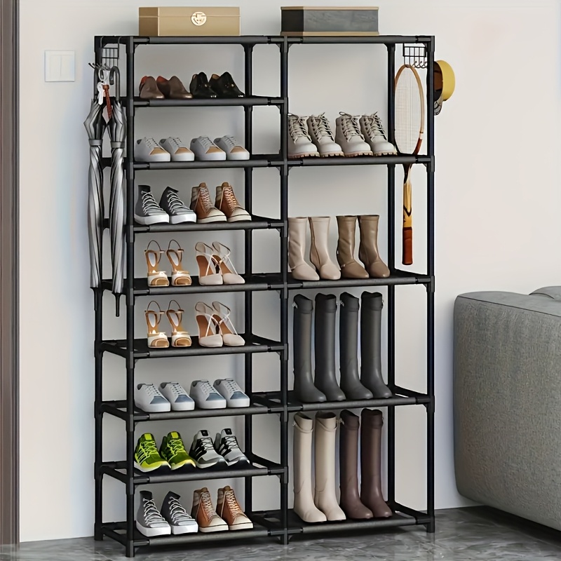TEMU 9-tier Heavy-duty Shoe Rack Suitable For Garages, Bedrooms & Entrances - Large Capacity Vertical Boot Shelf With Two-row Hooks, Freestanding