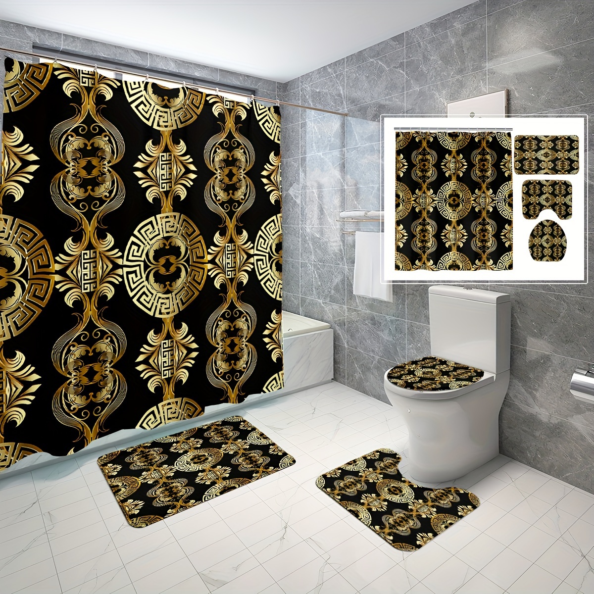 

1/4pcs Golden Black Baroque Printed Shower Curtain Set, Shower Curtain With 12 Hooks, Non-slip Bathroom Rug, Toilet U-shape Mat, Toilet Lid Cover Pad, Bathroom Decor