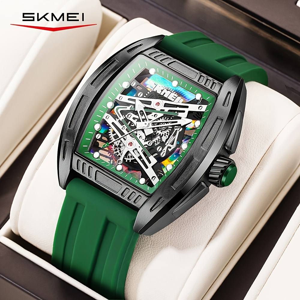 mens   quartz watch hollow out tonneu pointer   waterproof silicone wrist watch black bezel green strap 0