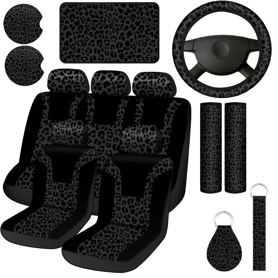 TEMU Set Of 13 Leopard-patterned Car Additions, Featuring Seat Covers, A Steering Wheel Cover, Coasters, An Armrest Pad, Belt Pads, A Keychain, And A Wrist Strap For Decoration (in Black)