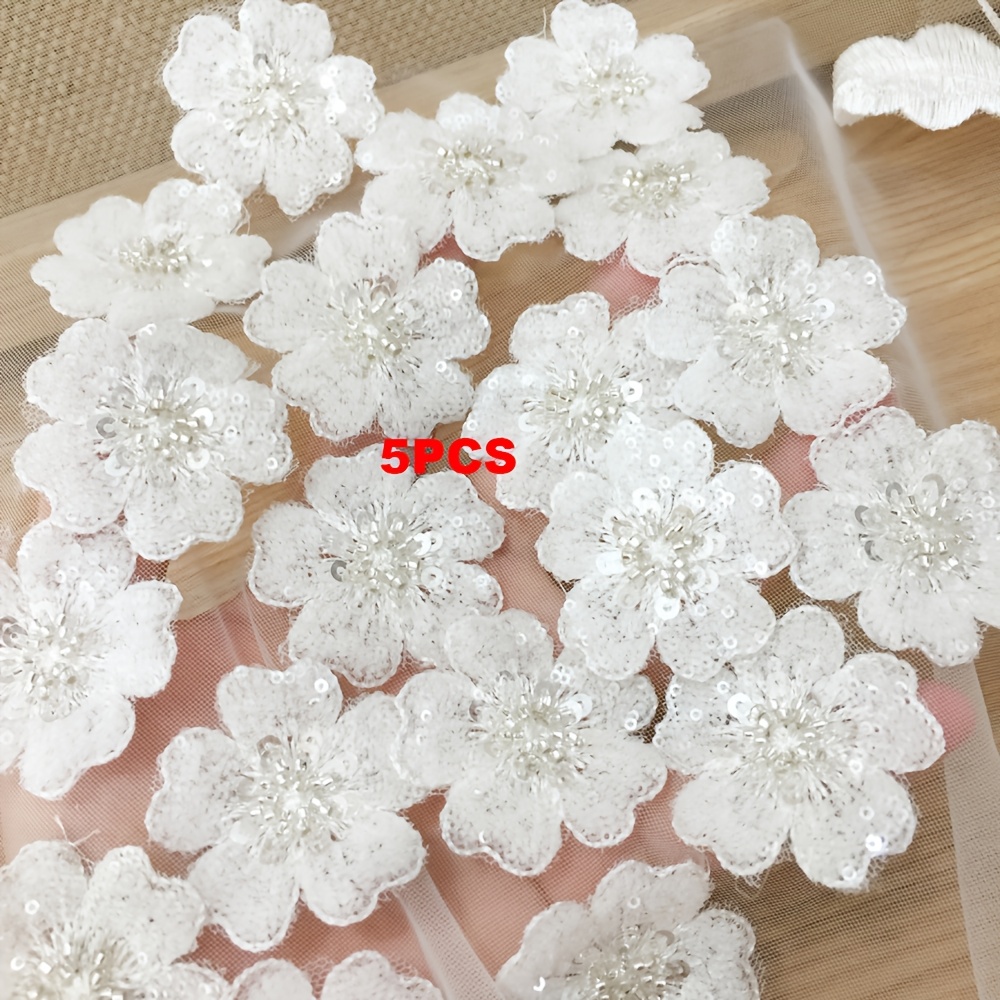 Image of 5 Pearl Tube Sequin Nail Bead Small Flower Fabric Patches, Wedding Dress And Gown Decorative Appliques