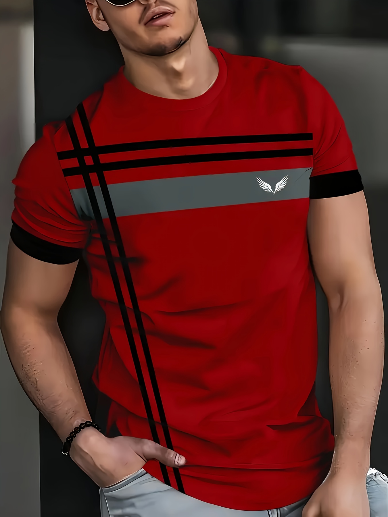 Men's Casual Athletic Red T-Shirt - Short Sleeve, Round Neck, Polyester Blend, Stripe Print, Machine Washable - Ideal for Summer Leisure and Sports, PLUS SIZE