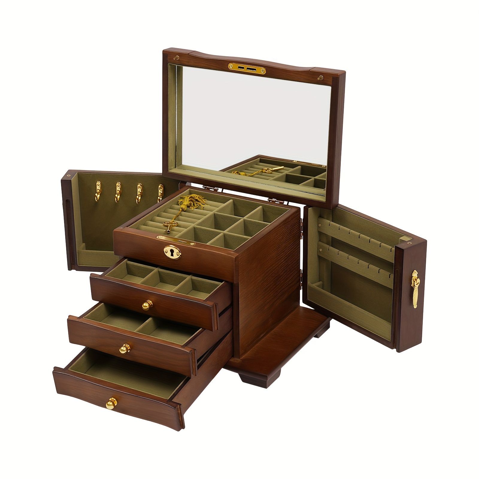 TEMU Vintage Wooden Jewelry Box With Mirror, Lock, And 4 Drawers  Elegant Storage For Rings, Necklaces, And Accessories, Brown, 10.23x6.88x7.67 Inch, Tool1shooo