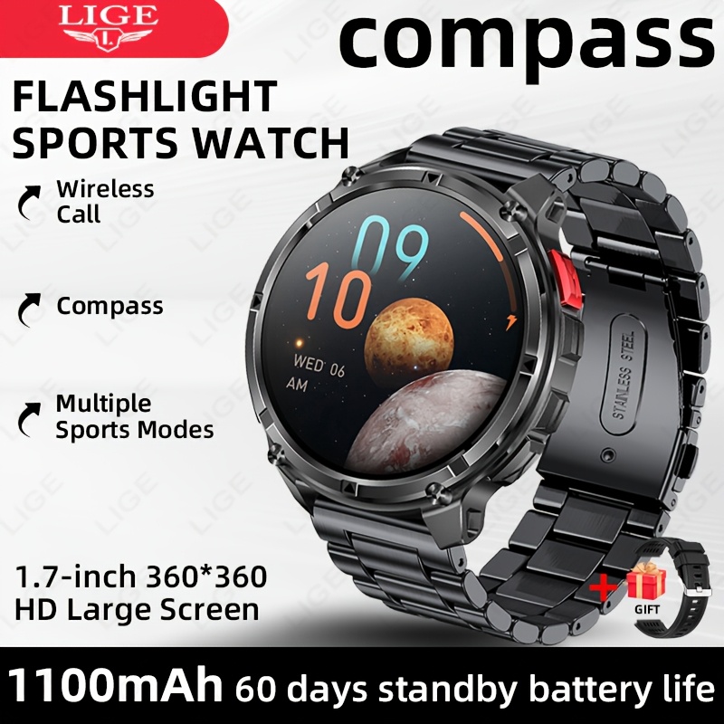 Image of Men's Outdoor Compass Smartwatch, 1.7-inch Hd, Display, 1100mah Large Battery, 90-day Standby Time, Led Flashlight, Wireless Calling, , Men's Watch, 120 , Fitness Watch, Christmas Gift, Birthday Gift