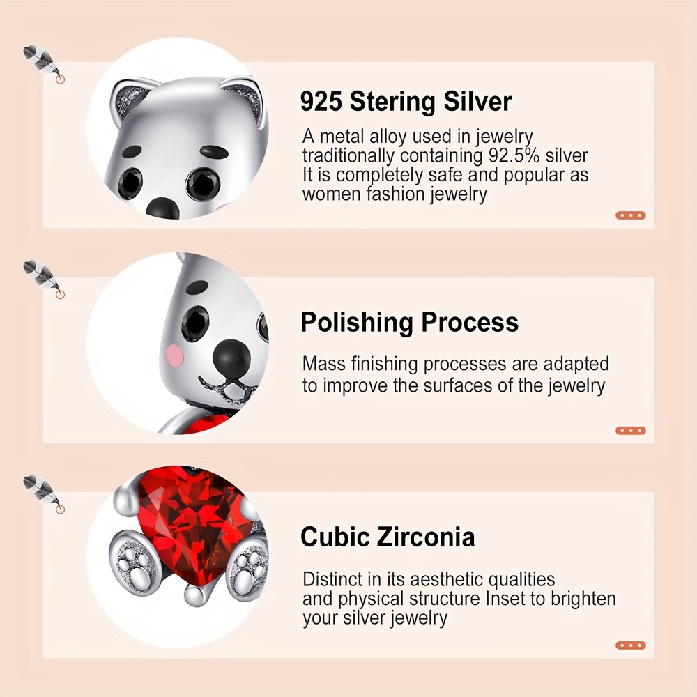 Baby Bear Red Heart Stone Charm 925 Sterling Silver Pendant