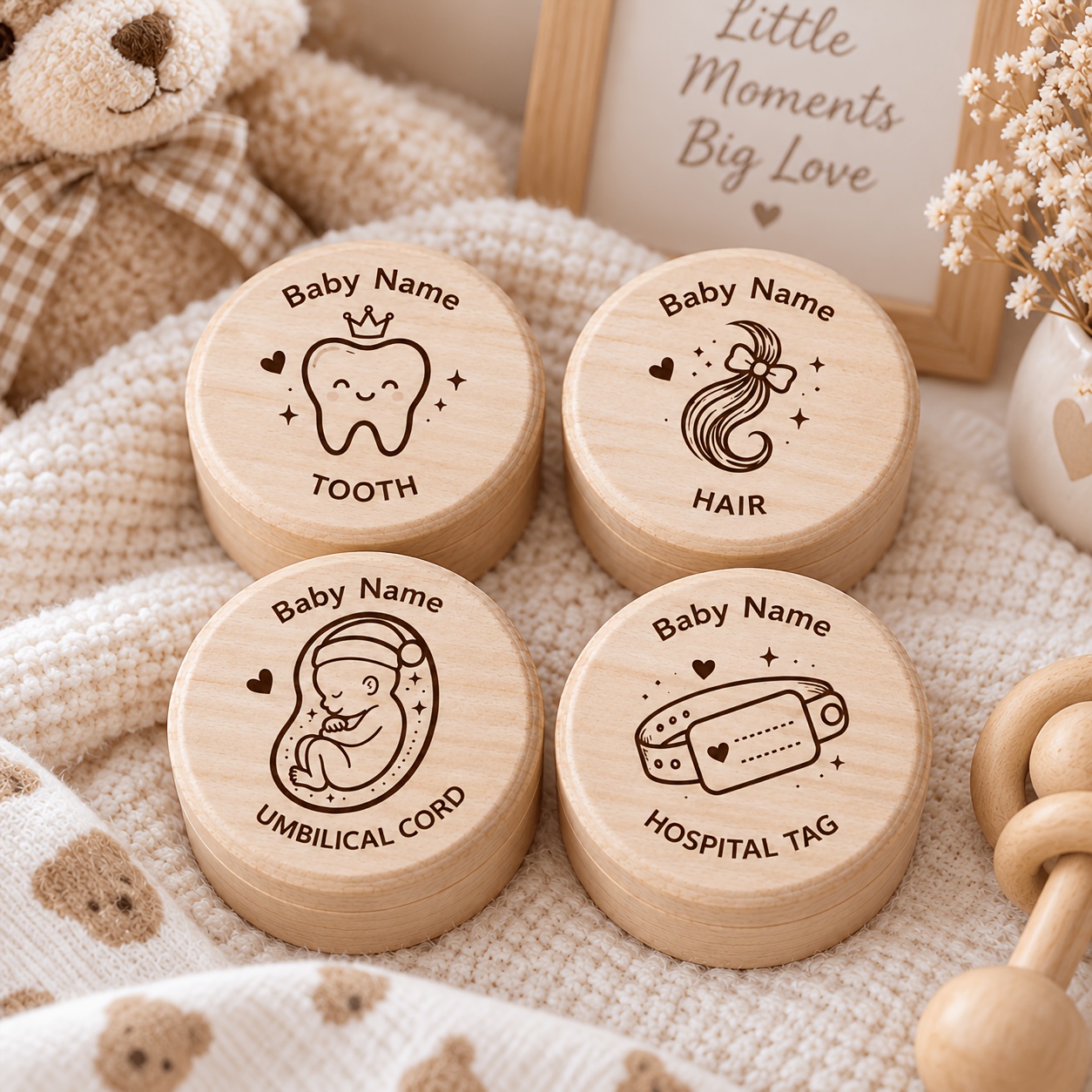 TEMU Boîte de Rangement Souvenir Personnalisée en Bois Lot de 4 Étiquettes d'Hôpital Personnalisables avec Nom pour Dents Cheveux Cordon Ombilical
