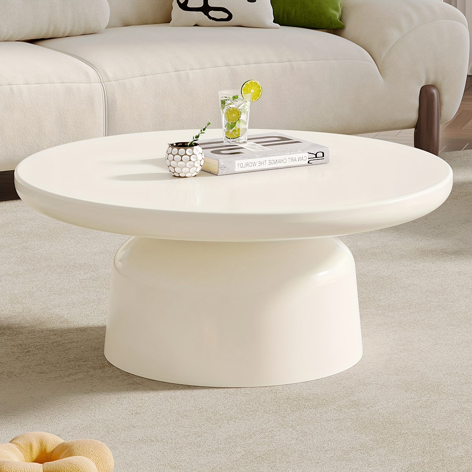 Image of Modern Circular Coffee Table - Milky White Hardwood Space- Design, Easy Assembly For Living Room & Bedroom, Small | Contemporary Style | Durable Construction, Coffee Table For Living Room