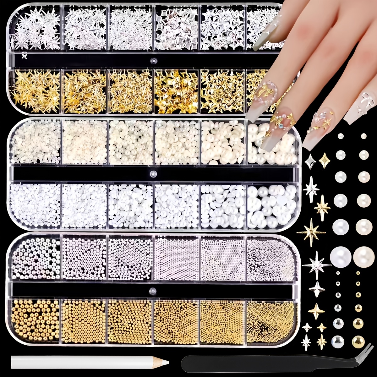 TEMU 3-Box 3D Ster voor Nagel Bedels Kit, Gouden en Zilveren Multi-Vormen Metallic voor Nagelkunst Edelstenen en Kleine Ronde Kralen, Platte