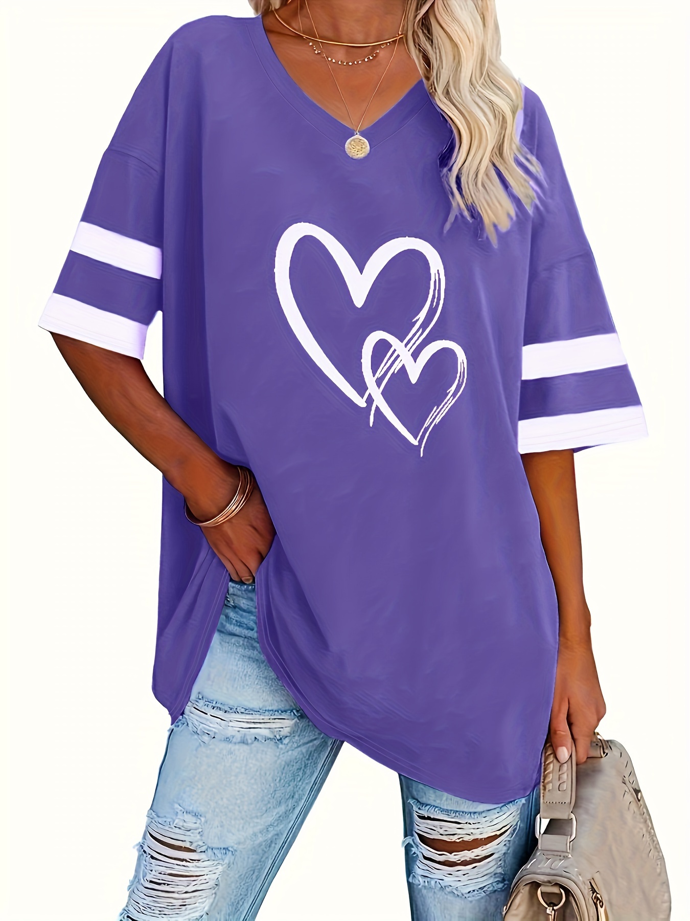 Women's Casual V-Neck Short Sleeve T-Shirt - Royal Blue with White Heart Print, Breathable Fabric, Machine Washable for Spring Summer Fall, Seasonal Fashion, Striped Detailing, Relaxed Fit Shirt