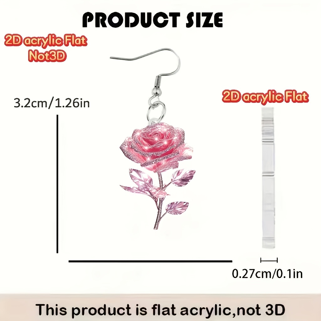 Women's 2D Flat Pink Rose Pattern Dangle Earrings