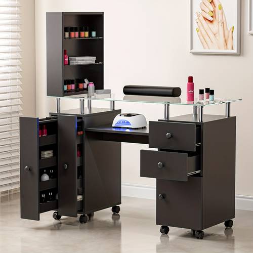 manicure table nail desk for technician resistant nail tech table nail table station w glass desktop wrist cushion 3 tiers shelves lockable wheels cabinet