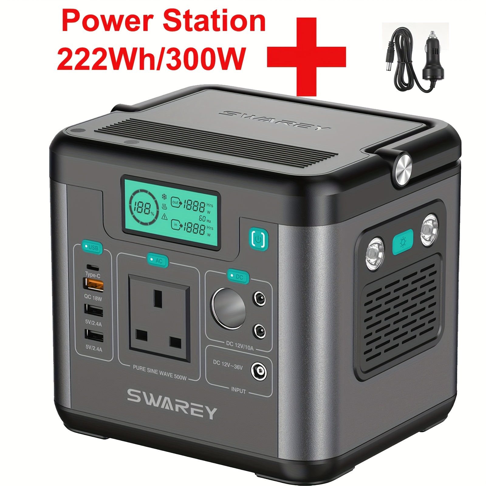TEMU Portable Power Station, Swarey Power Bank 222 Wh Lithium Batteries, 300w ( ) Ac Output, 65 W Usb-c Port, Solar Power Bank For Camping, Travel,