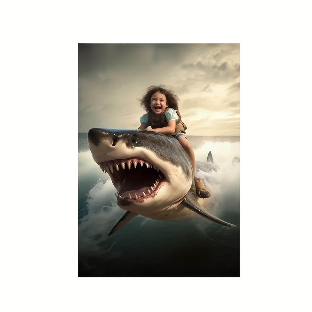 TEMU Personalized Shark Riding Photo Custom Name/photo On Shark Canvas Wall Art - Your Own Picture Room Decor,, Classroom, Birthday Party Poster -