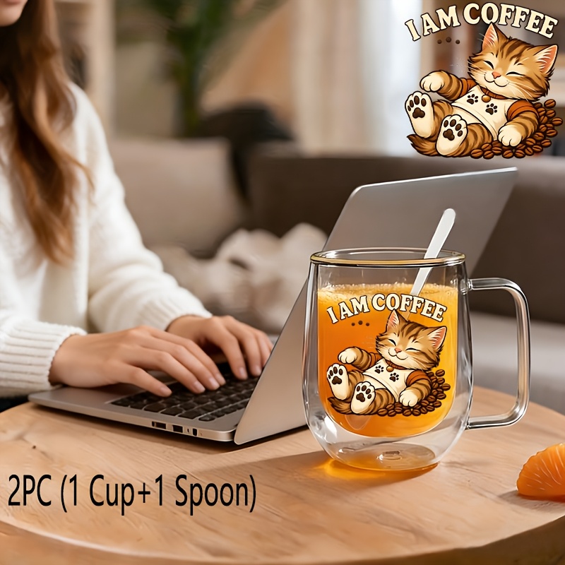 TEMU 2pcs Insulated Double-walled Borosilicate Reusable Glass Cup With Spoon Handle,large Capacity Clear Coffee Mug For Beverages Drinks For Men