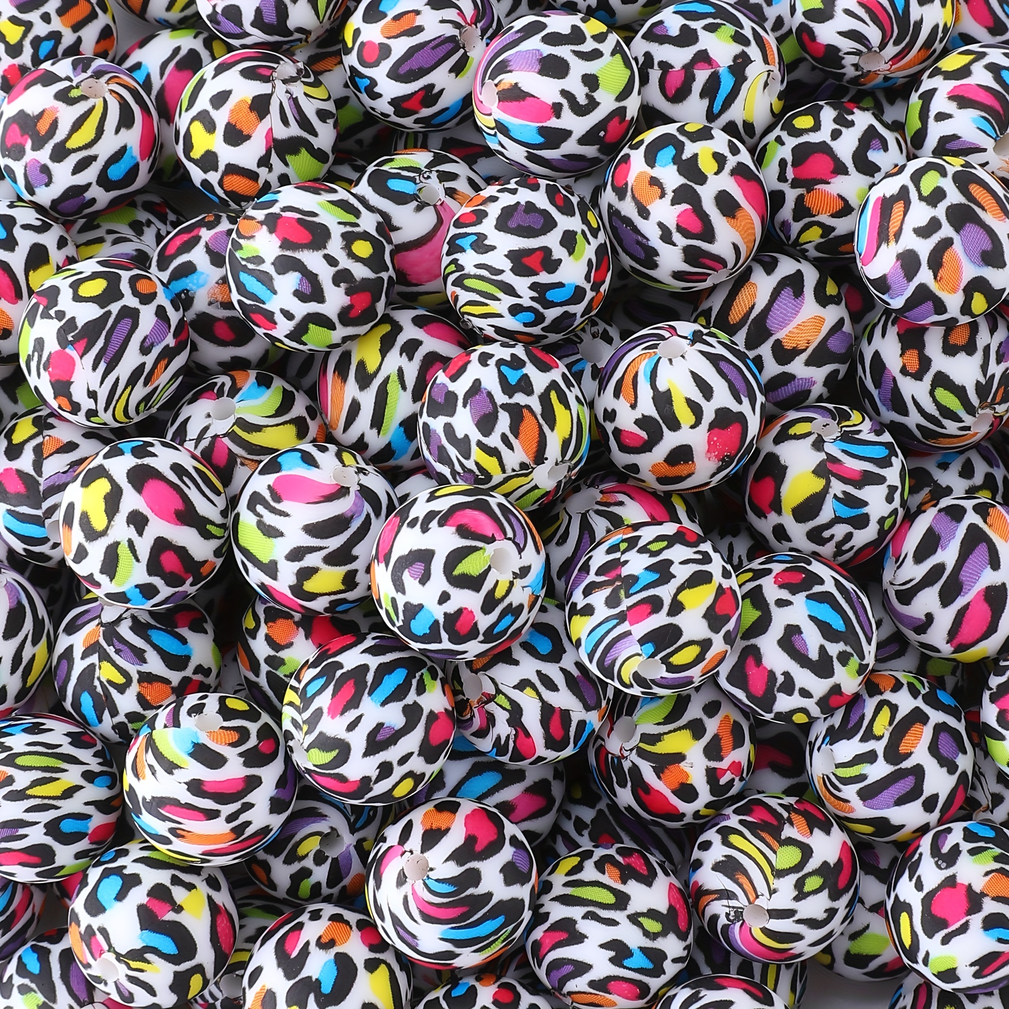 

50pcs Silicone Beads, Colour Leopard Print 15mm Animal Pattern Spacer Beads For Diy Keychains, Bracelets, Necklaces, Crafts & Jewelry Making