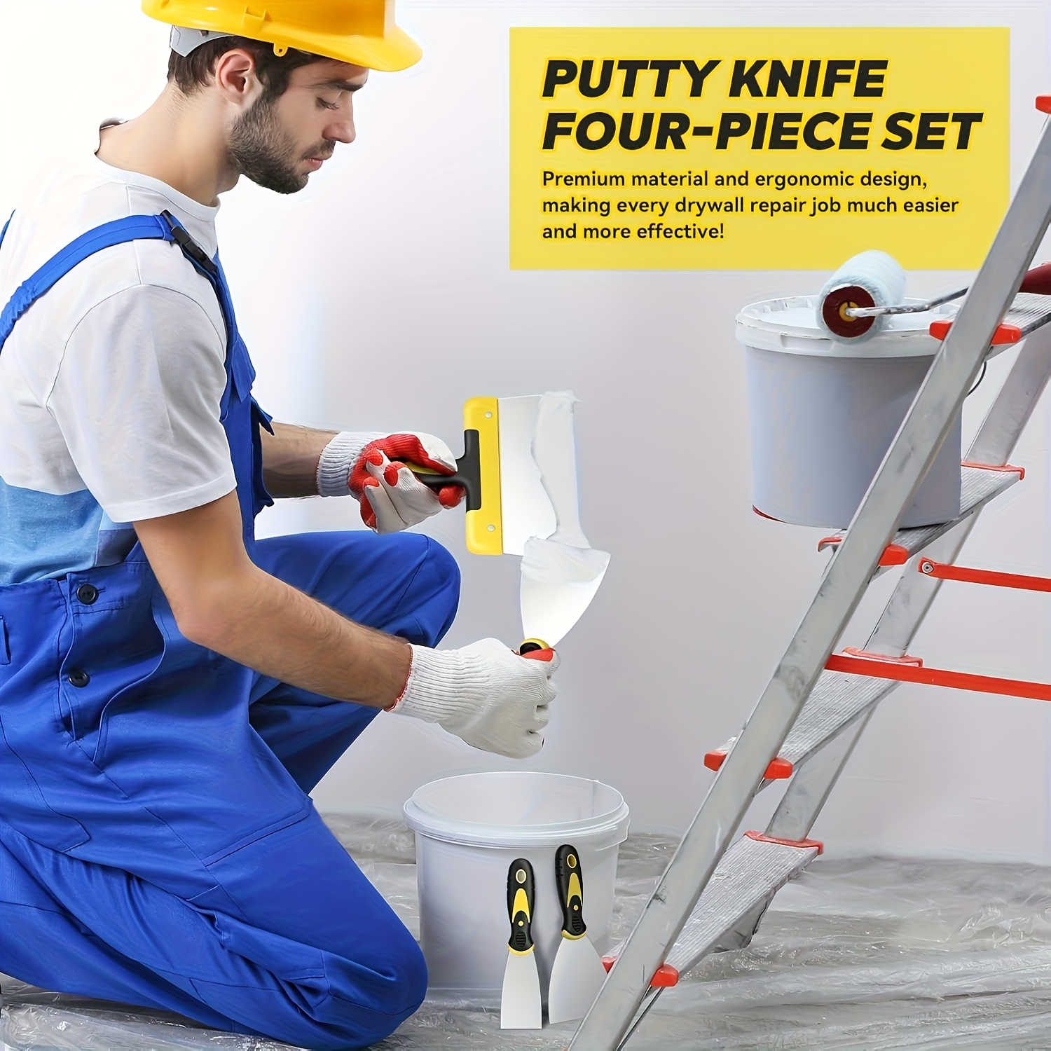 4pcs Multi-Purpose Stainless Steel Putty Knife Set, Stainless Steel Scraper, with Non-Slip Plastic Handle, Painter'S Wall Scraper, Multi-Size Suitable for Wall Repair, Paint Scraping, Filling Putty, Removing Wallpaper (50 Mm, 100 Mm, 150 Mm, 200 Mm)