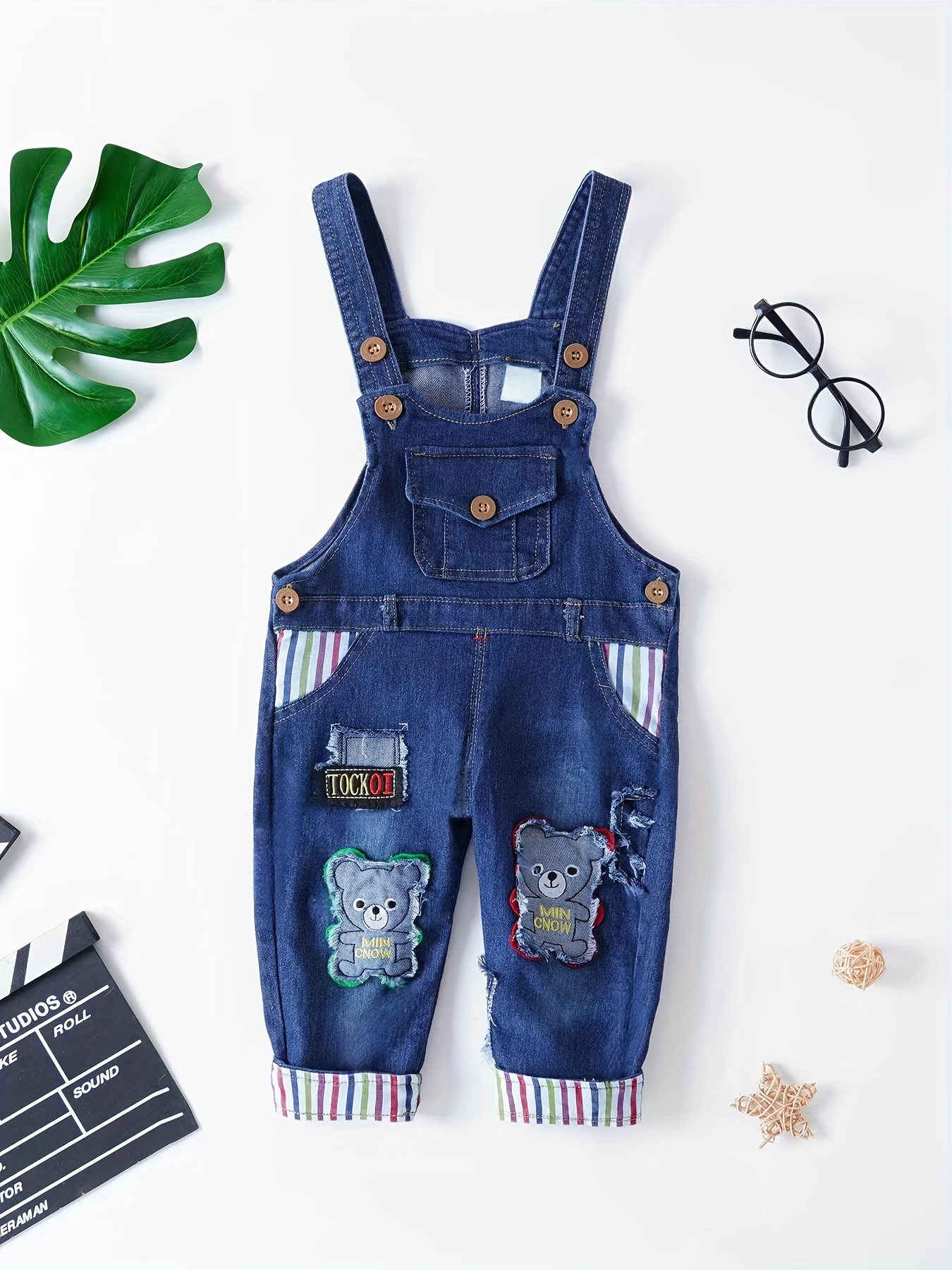 2pcs Baby Boy Embroidered Bear Denim Overalls Shorts and Short-sleeve Striped T-shirt Set