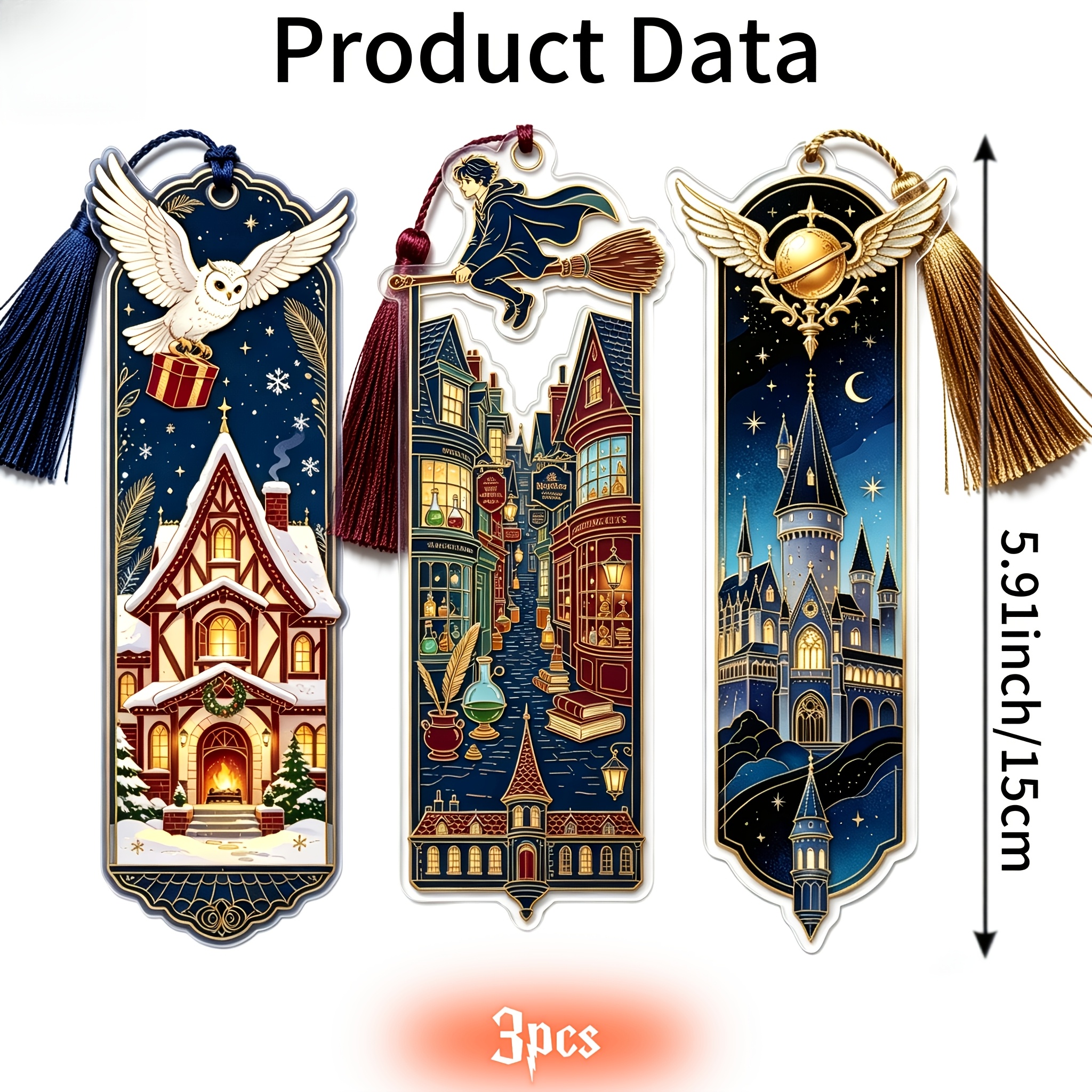 TEMU Licensed 3pcs Harry Potter Bookmarks. 2d Flat Acrylic School Supplies With Assorted Tassels. Great For Reading Birthday Gifts And Collectibles