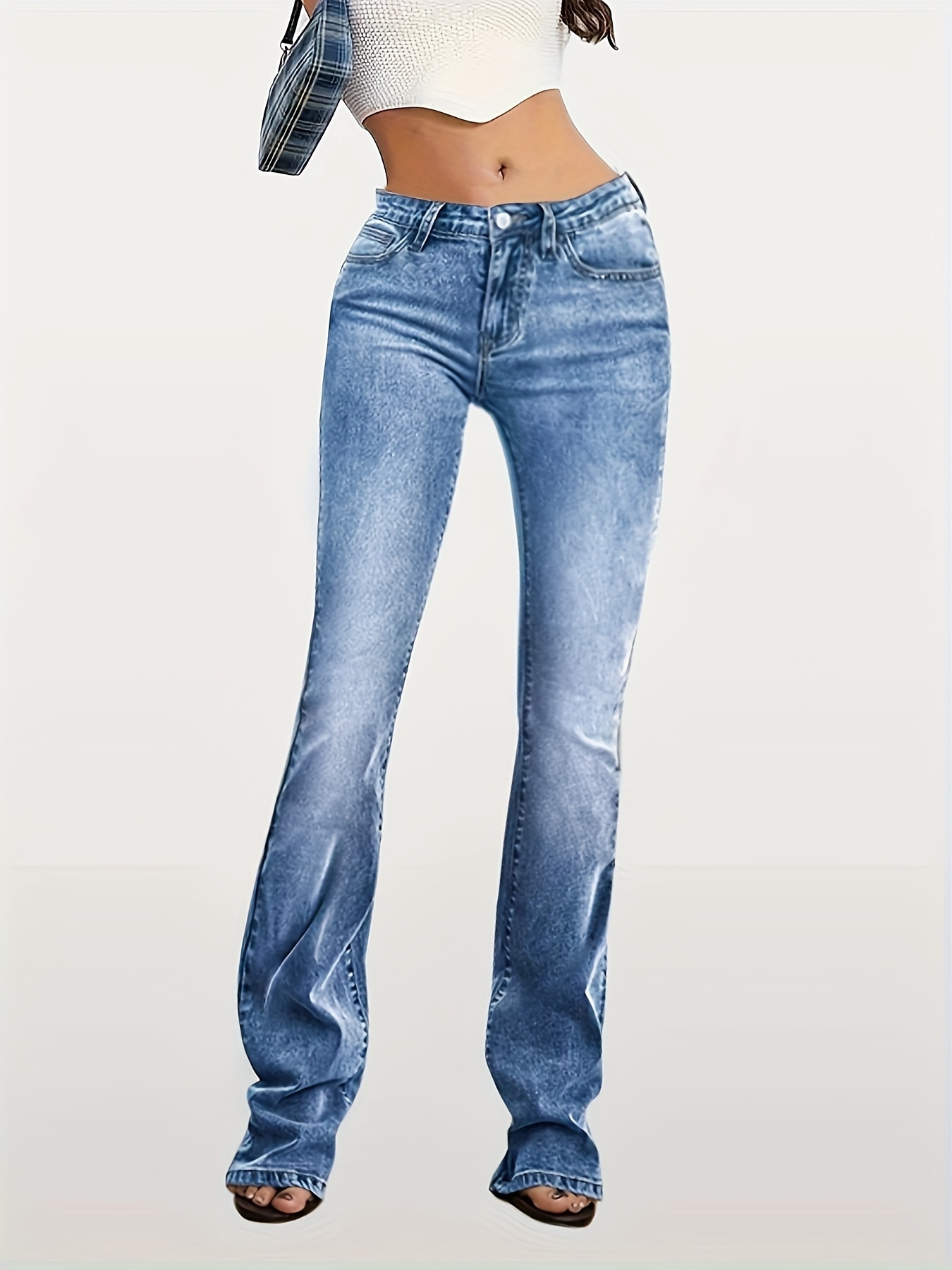 Washed Slant Pockets Bootcut Jeans stretch Versatile - Temu Canada