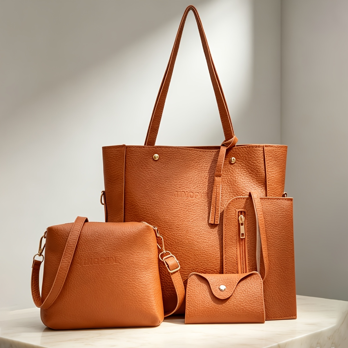 TEMU New Fashionable Wave-embossed Versatile Minimalist 4pcs Set: Large-capacity Tote Bag, Crossbody Bag, And Clutch. The Essential Companion For
