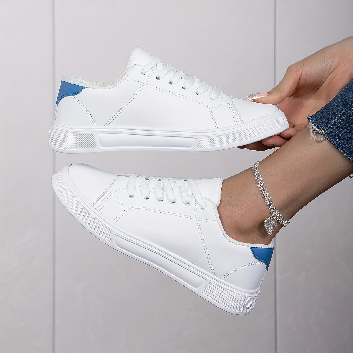 

Women's Fashion Solid Color Sneakers, Low-top Casual White Shoes With Blue Accent, Comfortable Flat Lace-up Trainers For Daily Wear