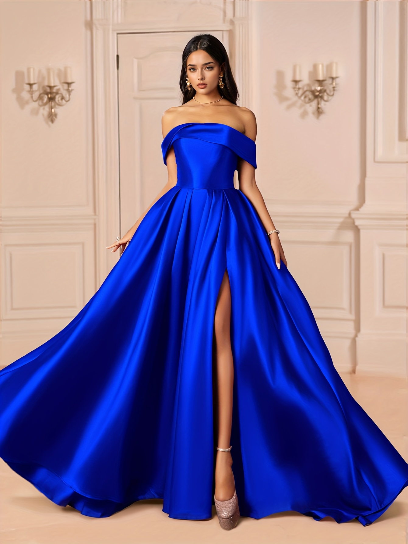 SHEIN Belle Dames Elegante Een Schouder Lange Bubbel Mouwen Effen Kleur Bruidsm