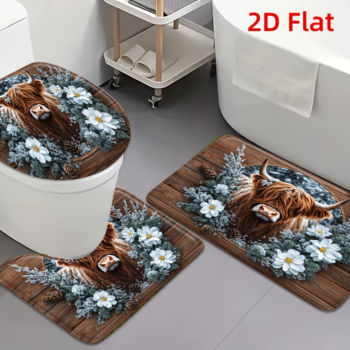 TEMU 2d Flat 3pcs Highland Cow Floral Flannel Non-slip Toilet Mat Set Cozy Rustic Bathroom Decor, Bathroom, Entrance, Bedroom, Hallway