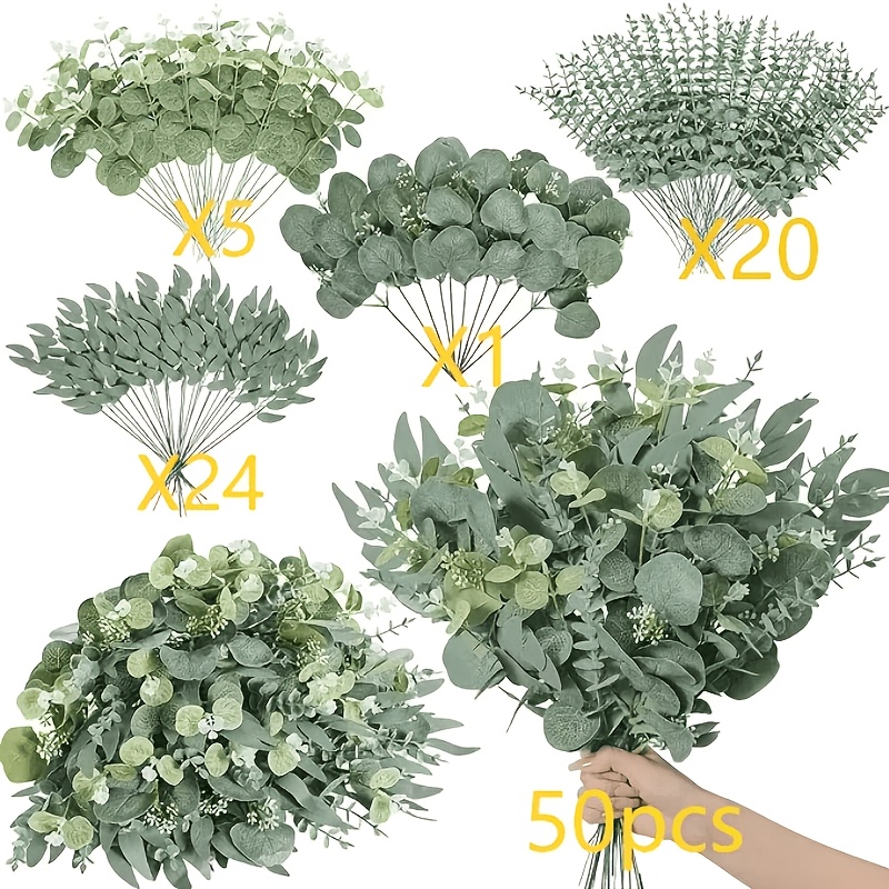 Image of 50pcs Artificial Flowers Mixed With Eucalyptus And Stems In Bulk, 4 Kinds Of Artificial Eucalyptus Leaves To Pick, Diy Bouquet Flower Arrangement Home Decor