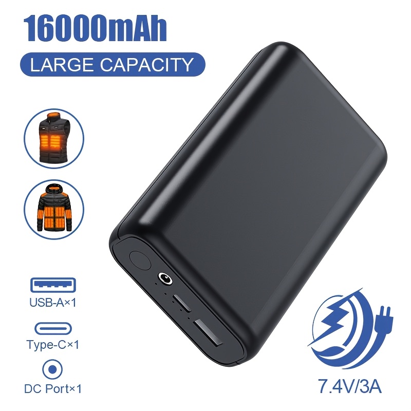TEMU Batterie Portable 16000mAh 5V/7.4V avec Chauffage pour Vestes Chauffantes, Hoodies, Pantalons et Housse de Coussin de Siège, Power Bank 16000mAh