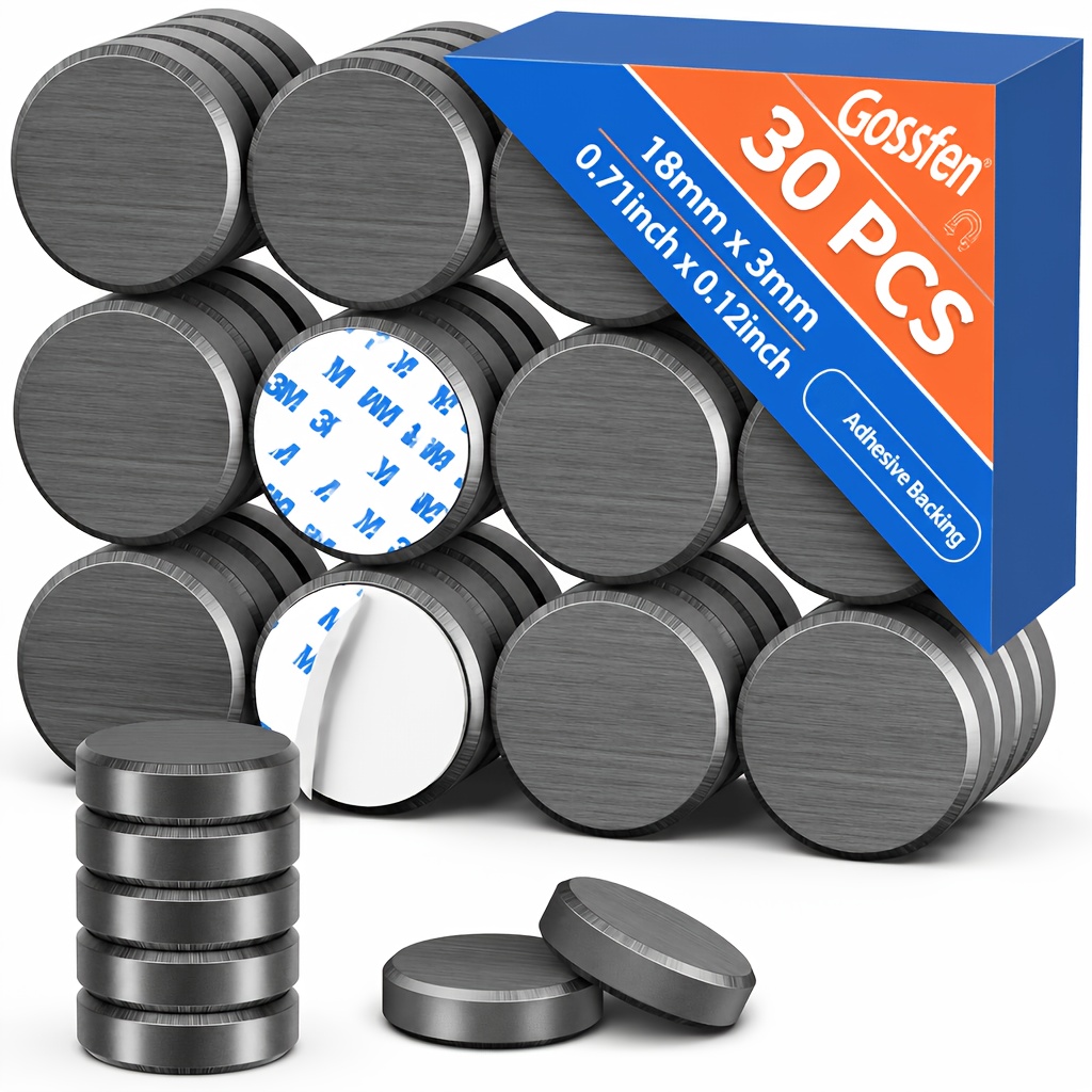 TEMU Gossfen 30-pack 18×3mm Self-adhesive Disc Magnets, Black Round Flat Magnets With Adhesive Backing, Suitable For Refrigerators And Home Office