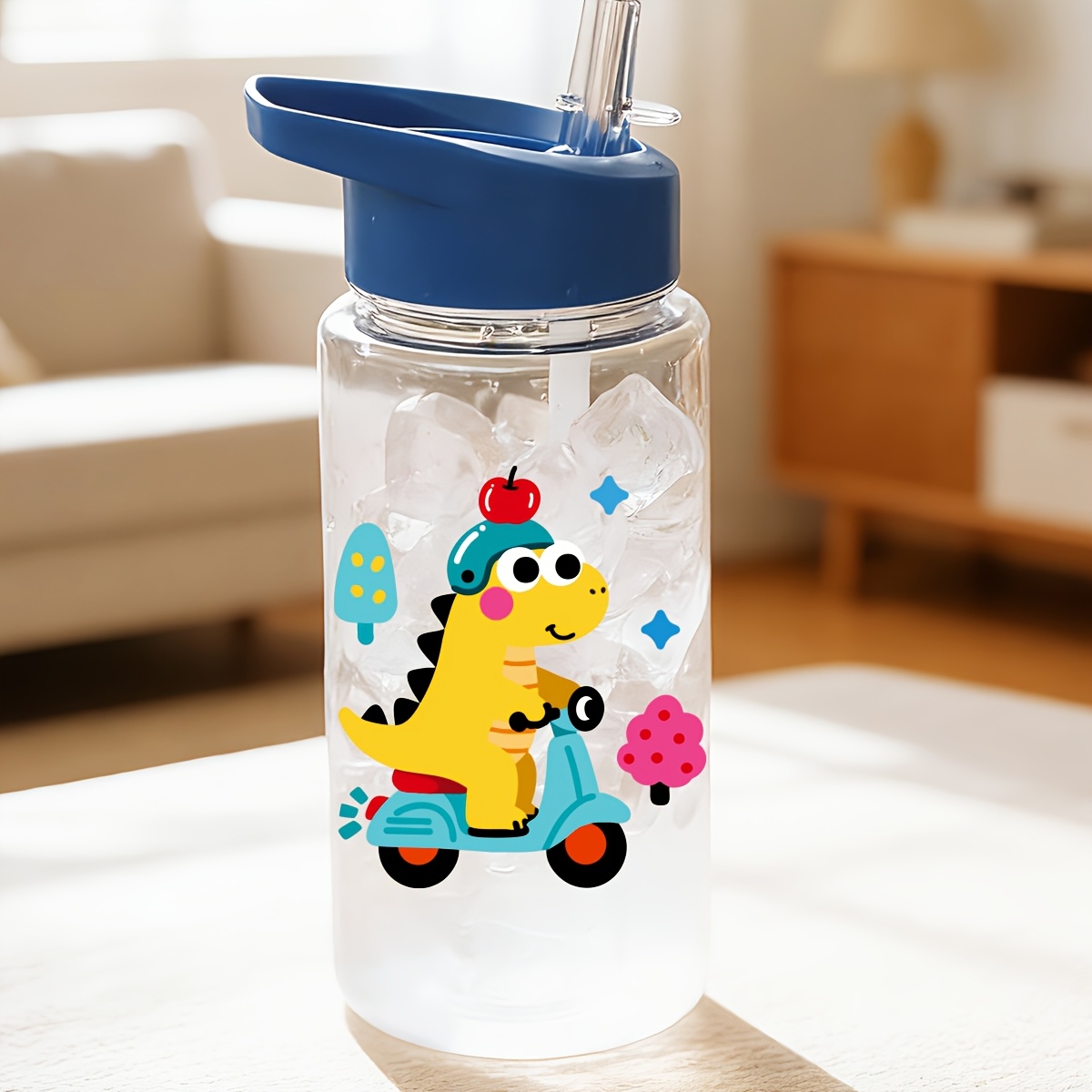 TEMU Customizable Name - 1pc Cute Plastic Straw Water Bottle 500ml Excavator Dinosaur Print, Small Scooter Dinosaur Print, Retro Car Dinosaur Print,
