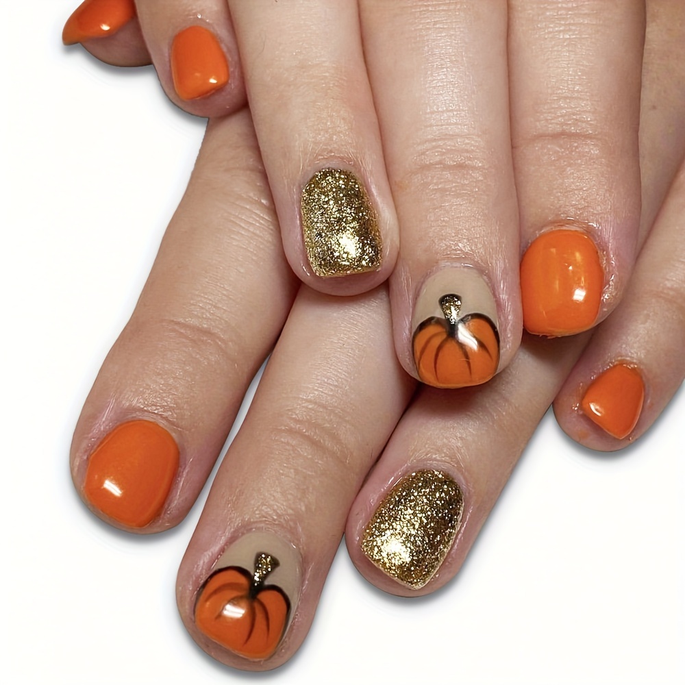 

24pcs Press-on Nails Set, Short Square Shape With Golden Glitter Pumpkin Design, Orange , & Thanksgiving Nail Art For Women