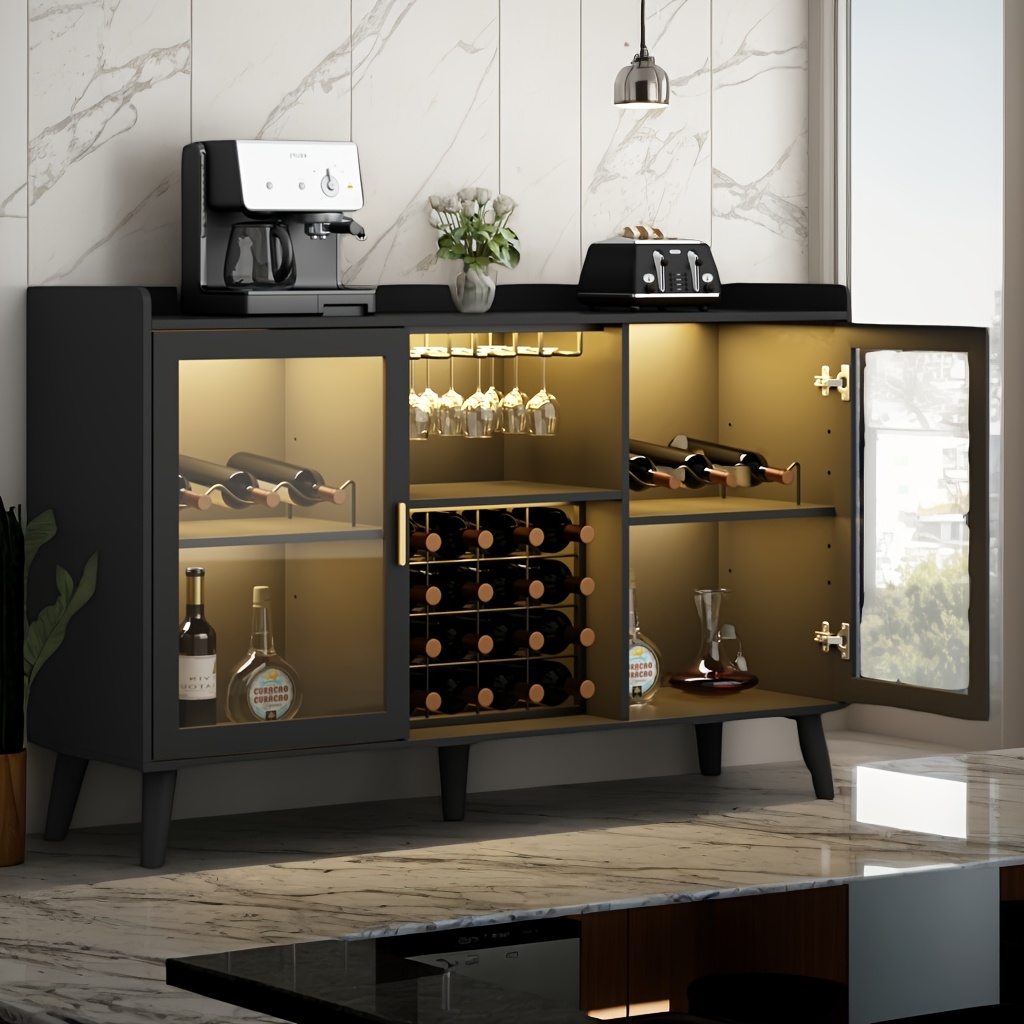 Coffee Bar Cabinet With Wine Racks, Wine Bar Cabinet With Glass Holders, Kitchen Buffet Sideboard With Adjustable Storage Shelves, Freestanding Liquor Cabinet For Kitchen, Living Room, Dining Room