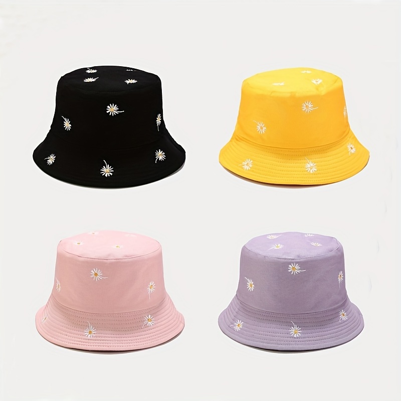

Daisy Flower Embroidery Bucket Hat Cute Candy Color Reversible Sun Hats Lightweight Fisherman Cap For Women Daily Uses