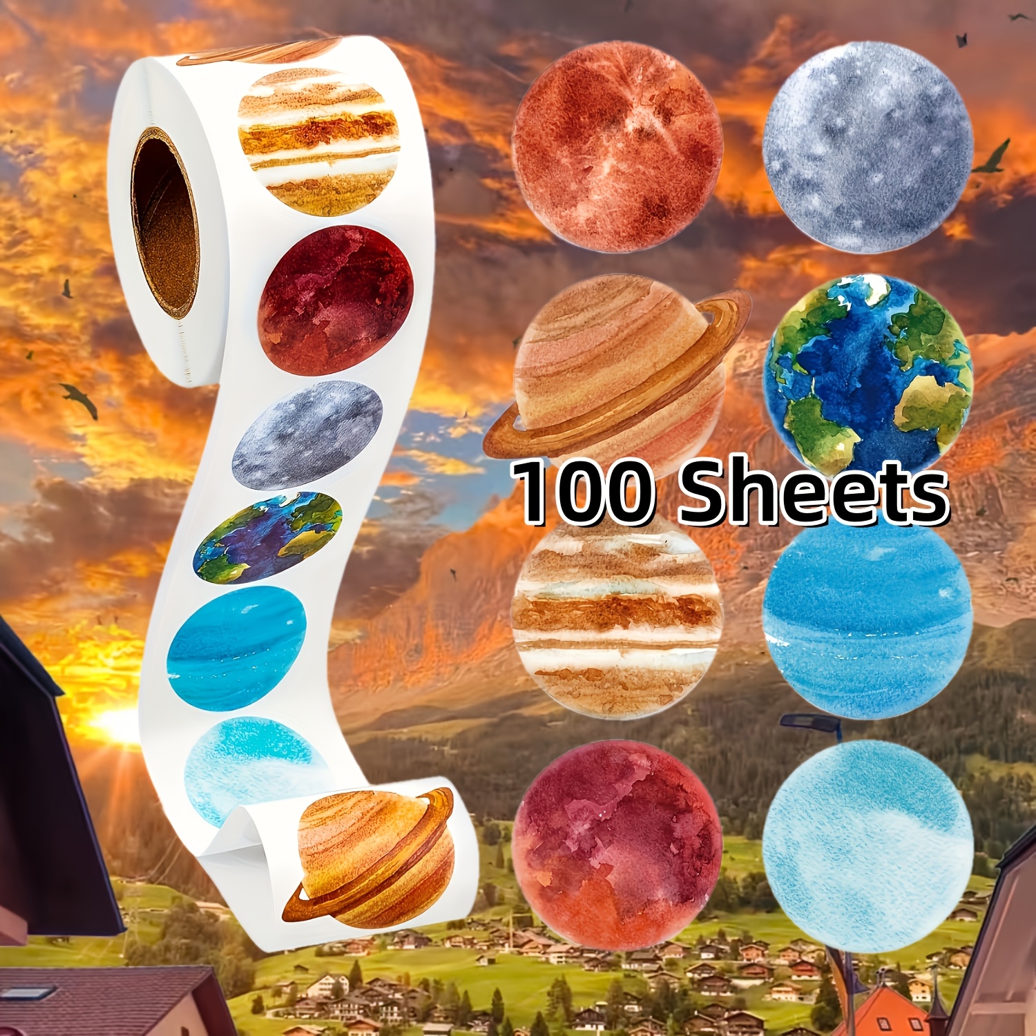 TEMU 1 rollo/100 piezas de pegatinas de de planetas , adecuadas para bolsas de regalo, decoraciones de - Hojas redondas multicolores con planetas,
