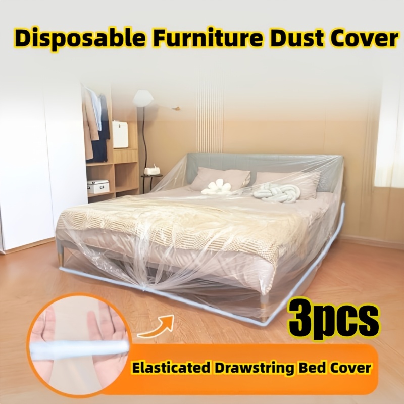 TEMU 3pcs Disposable Elastic Dust-proof Bed Covers, Extra-large Sofa Furniture Protectors, Plastic Protective Film For Renovation, Dust Covers,