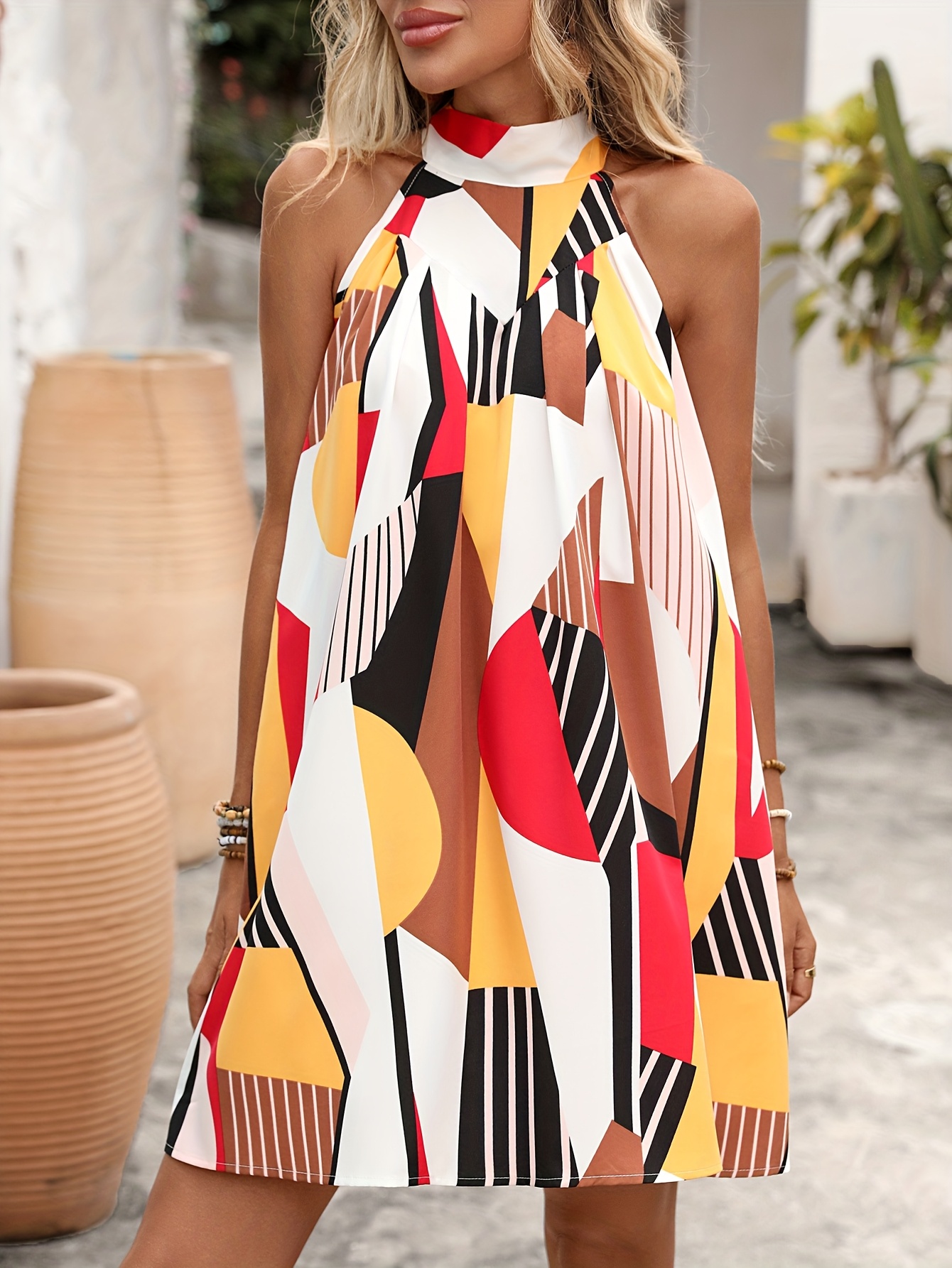 womens casual halter neck dress geometric print a line - Temu Oman