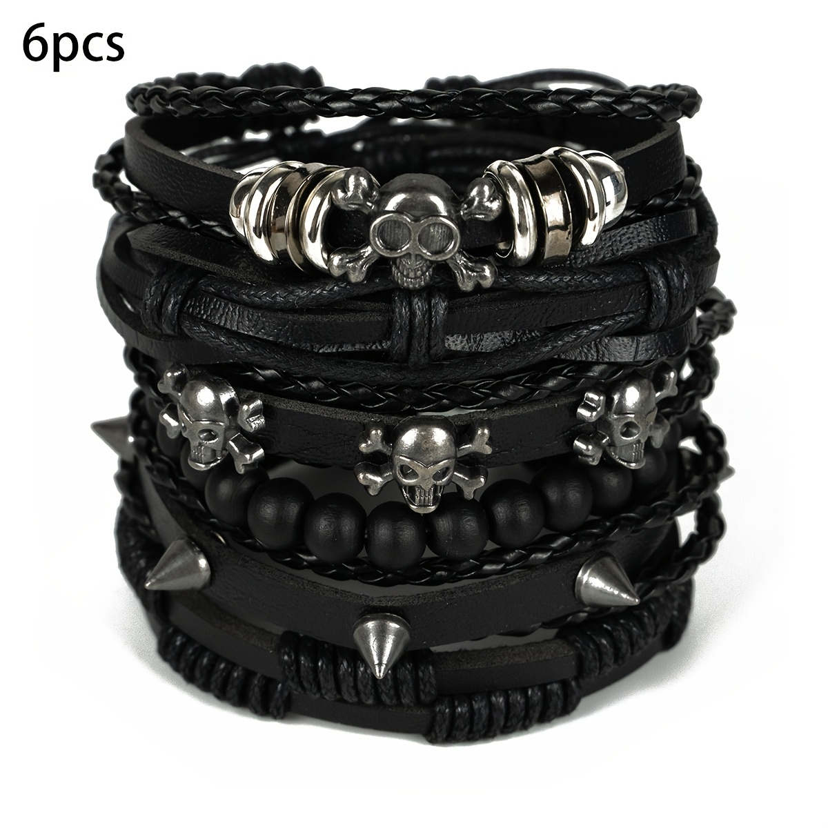 Image of 6pcs Set Dark Punk Gothic Style Pu And Wooden Bead Woven Bracelets For Men And Women, Combinable, Suitable For Daily Wear, Carnival Parties, And As Gifts For And Girlfriends