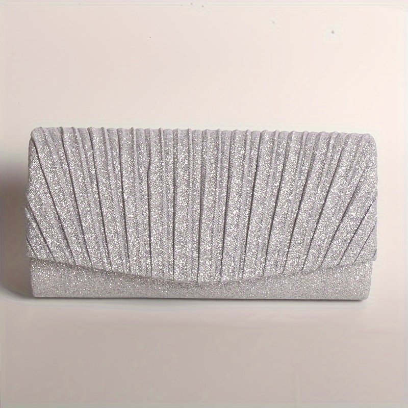 

Glittering Pleated Evening Clutch, Silvery Ladies' Fashion Dinner Bag For Wedding, Party, Etc