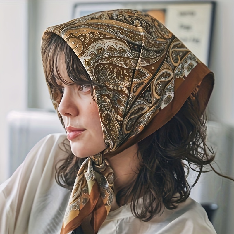 E-shop 1 Stück Bohemian Paisley-Print Turban – Luxuriöser Quadratischer Schal mit Goldverzierung für Outdoor und Reisen, Ideales Geschenk für Frauen |
